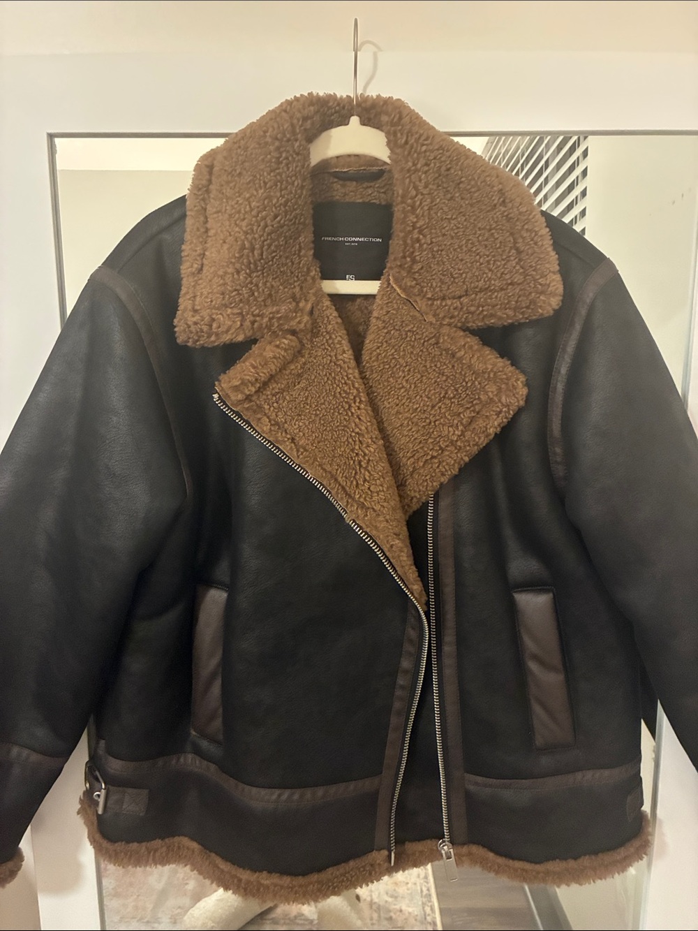 French Connection Faux Shearling Aviator Moto Jacket Brown L